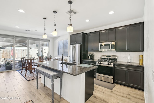 kitchen featuring tasteful backsplash, dark stone countertops, visible vents, stainless steel appliances, and a sink