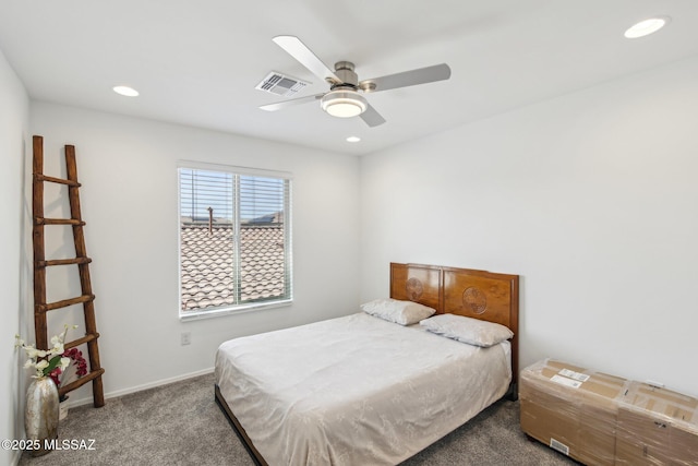 bedroom featuring visible vents, baseboards, carpet floors, recessed lighting, and a ceiling fan