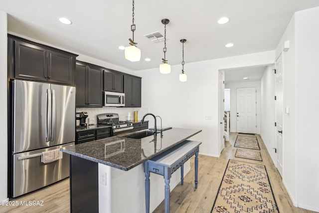 kitchen featuring visible vents, light wood finished floors, an island with sink, a sink, and stainless steel appliances