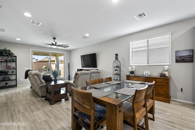 dining area with baseboards, visible vents, and recessed lighting