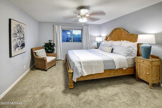 bedroom featuring ceiling fan, carpet floors, and baseboards