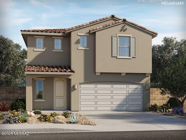 mediterranean / spanish-style house featuring fence, a tiled roof, concrete driveway, stucco siding, and a garage