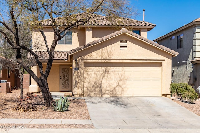 view of front facade featuring stucco siding, driveway, an attached garage, and a tiled roof