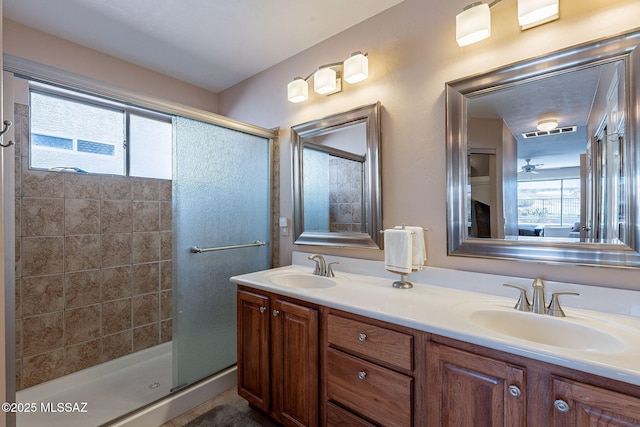 bathroom with a healthy amount of sunlight, a sink, and a shower stall