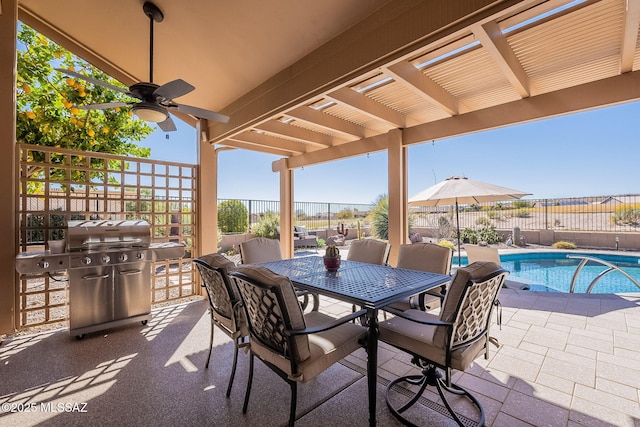 view of patio featuring a fenced in pool, grilling area, fence, outdoor dining area, and a pergola