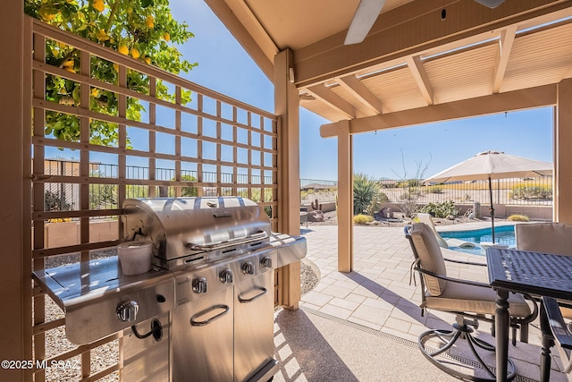 view of patio / terrace with a fenced backyard, grilling area, and a fenced in pool