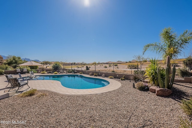 view of swimming pool with a fenced backyard, a fenced in pool, and a patio