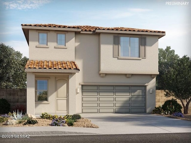 mediterranean / spanish-style home featuring fence, a tiled roof, concrete driveway, stucco siding, and a garage