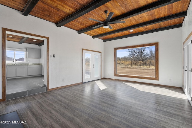 unfurnished living room featuring wooden ceiling, baseboards, dark wood finished floors, and beamed ceiling