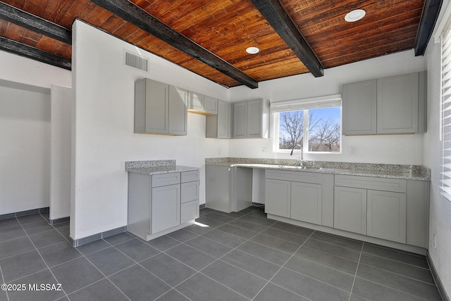 kitchen featuring dark tile patterned floors, wood ceiling, visible vents, gray cabinets, and beam ceiling