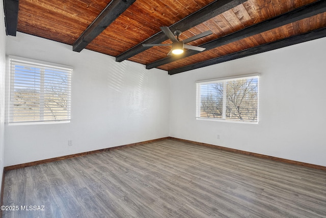 unfurnished room featuring wooden ceiling, baseboards, and wood finished floors