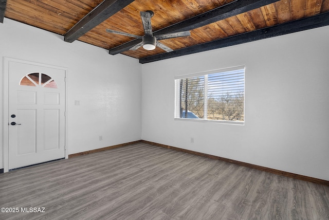 unfurnished room featuring beamed ceiling, wood finished floors, wood ceiling, and baseboards