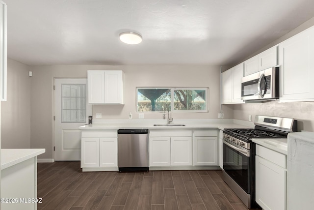 kitchen with appliances with stainless steel finishes, wood tiled floor, light countertops, and a sink