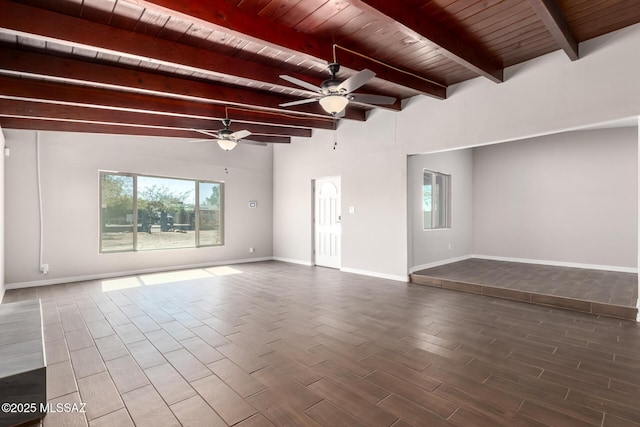 unfurnished room featuring a ceiling fan, wood finished floors, wooden ceiling, beamed ceiling, and baseboards