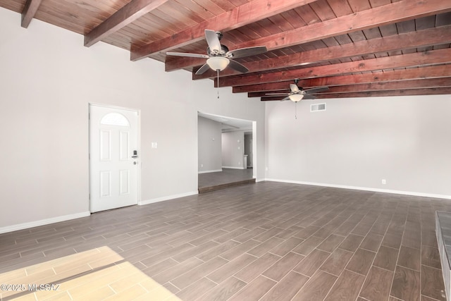 unfurnished living room with wooden ceiling, visible vents, baseboards, a ceiling fan, and wood tiled floor