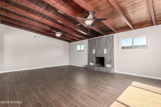 unfurnished living room with a fireplace, visible vents, wood tiled floor, wooden ceiling, and baseboards