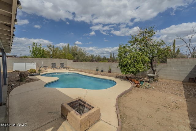 view of pool featuring a fenced backyard, a fire pit, a patio, and a fenced in pool