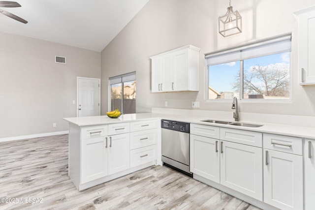 kitchen featuring visible vents, a sink, a peninsula, white cabinets, and dishwasher