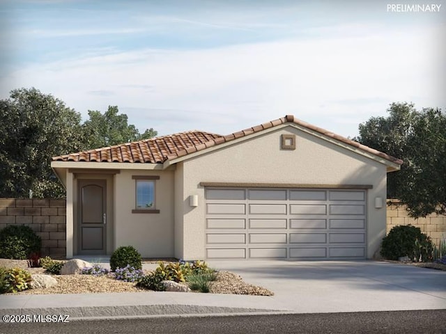 mediterranean / spanish-style house featuring a tile roof, an attached garage, fence, and stucco siding