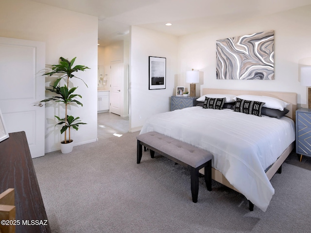 carpeted bedroom featuring recessed lighting and baseboards