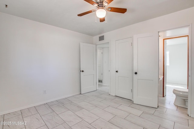 unfurnished bedroom with a ceiling fan, visible vents, connected bathroom, and baseboards