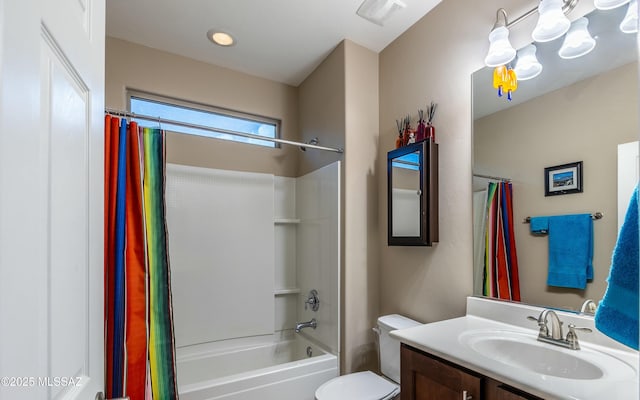 full bathroom featuring toilet, shower / bath combo, visible vents, and vanity