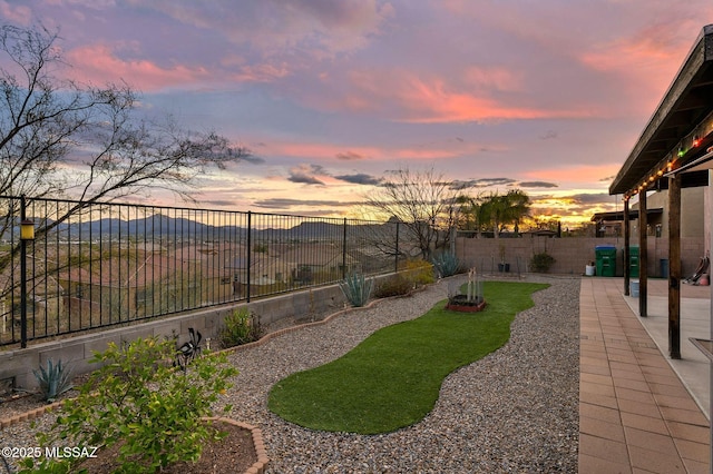 yard at dusk with a patio and a fenced backyard