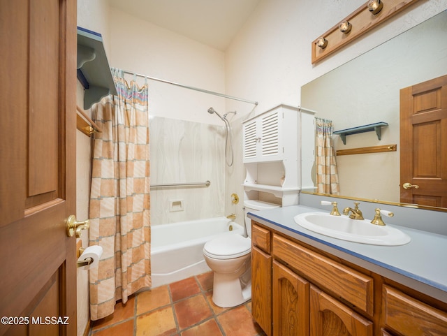 bathroom with tile patterned flooring, toilet, vanity, and shower / bathtub combination with curtain