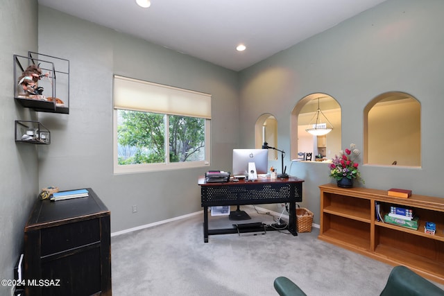 office space featuring carpet floors, recessed lighting, and baseboards