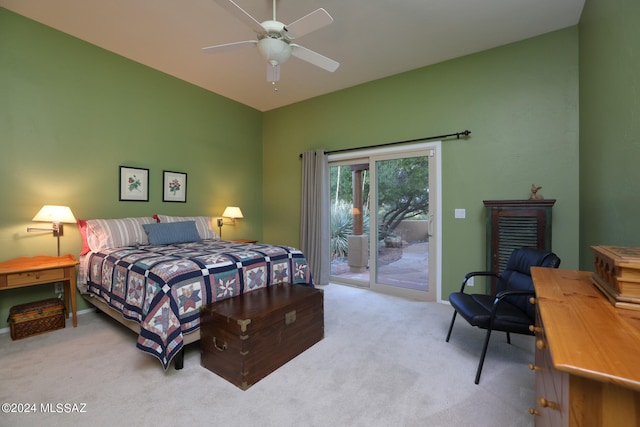 bedroom featuring ceiling fan, carpet, baseboards, and access to exterior