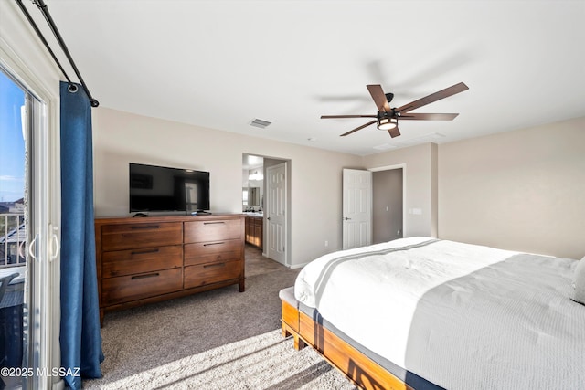 bedroom with visible vents, baseboards, ceiling fan, and carpet floors