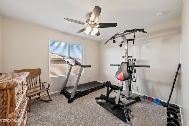 exercise area featuring carpet, baseboards, and ceiling fan