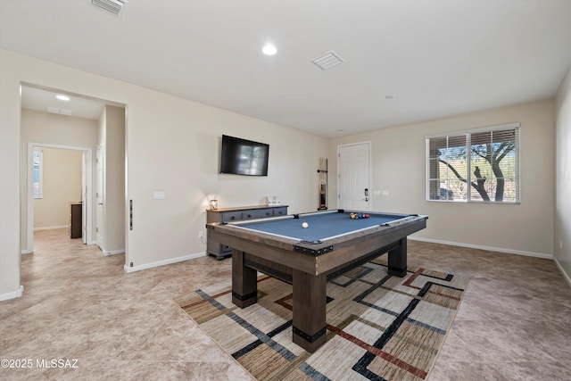 playroom featuring visible vents, recessed lighting, pool table, and baseboards