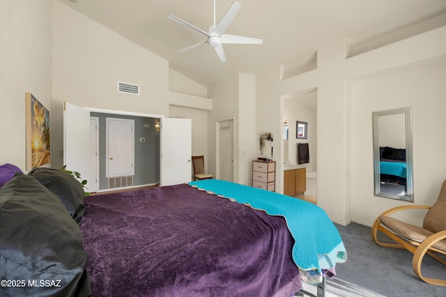 bedroom with high vaulted ceiling, ensuite bath, visible vents, and carpet flooring