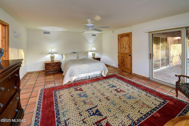 tiled bedroom featuring baseboards, visible vents, ceiling fan, and access to outside