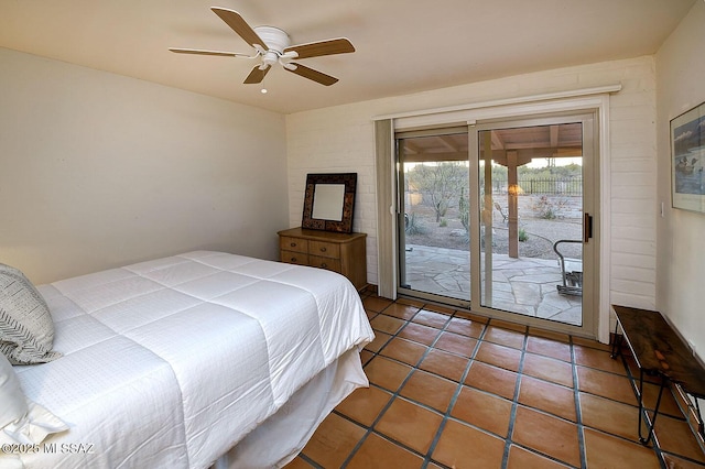 tiled bedroom featuring access to exterior and ceiling fan
