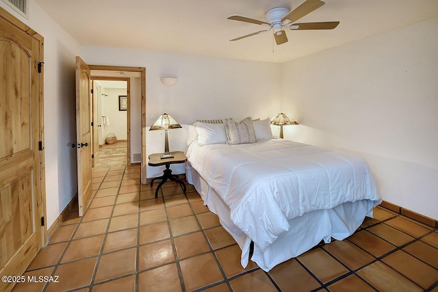 bedroom with light tile patterned flooring, baseboards, visible vents, and a ceiling fan