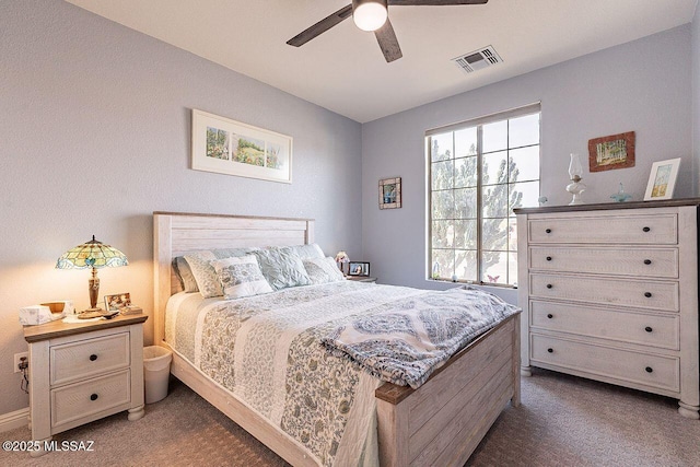 bedroom featuring ceiling fan, carpet flooring, and visible vents