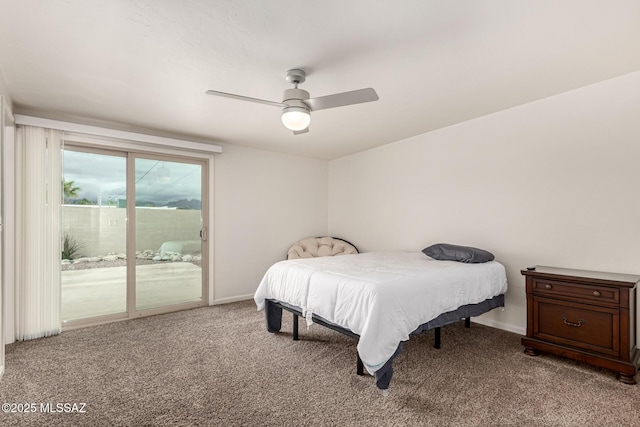 bedroom with carpet floors, access to outside, baseboards, and a ceiling fan