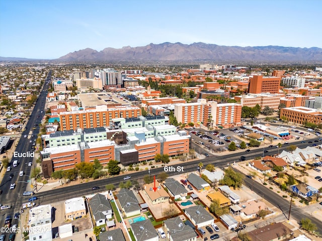 bird's eye view featuring a view of city and a mountain view