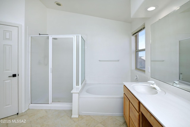 full bathroom featuring recessed lighting, vanity, a bath, tile patterned floors, and a stall shower