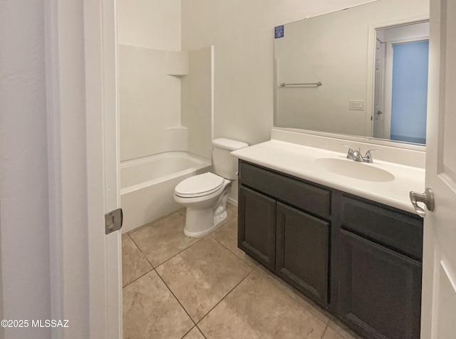 full bath featuring toilet, tile patterned flooring,  shower combination, and vanity