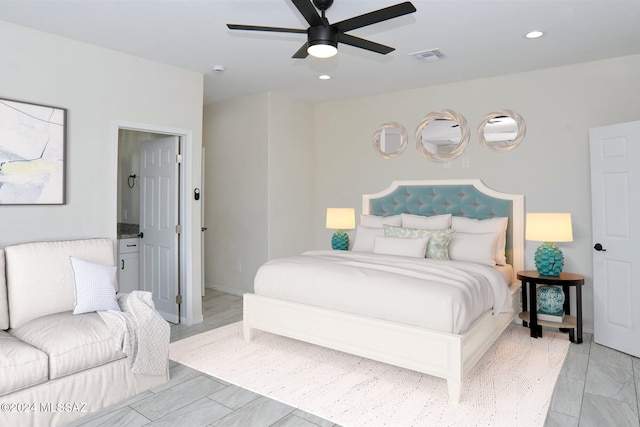 bedroom featuring ceiling fan, baseboards, visible vents, and recessed lighting