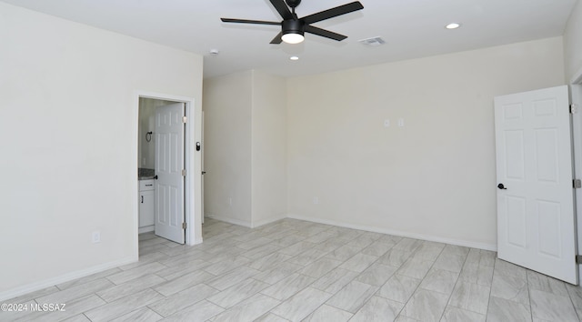 unfurnished room with baseboards, recessed lighting, visible vents, and a ceiling fan