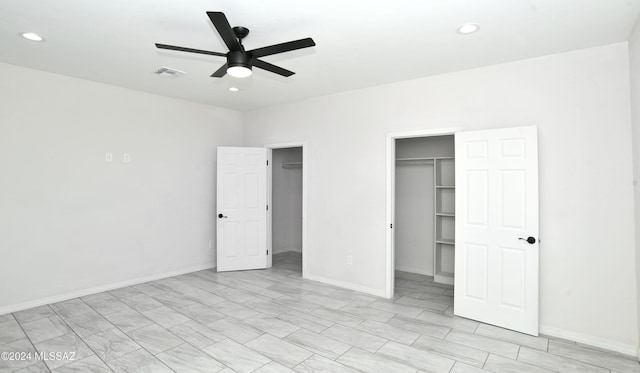 unfurnished bedroom with baseboards, visible vents, and recessed lighting