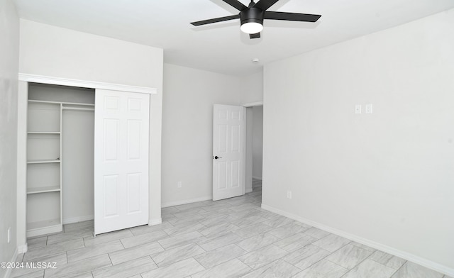 unfurnished bedroom with a ceiling fan, baseboards, and a closet