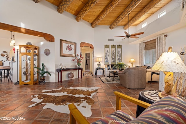 living room with beam ceiling, wood ceiling, visible vents, and a healthy amount of sunlight