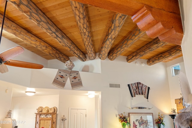 interior details with visible vents, beamed ceiling, and wooden ceiling