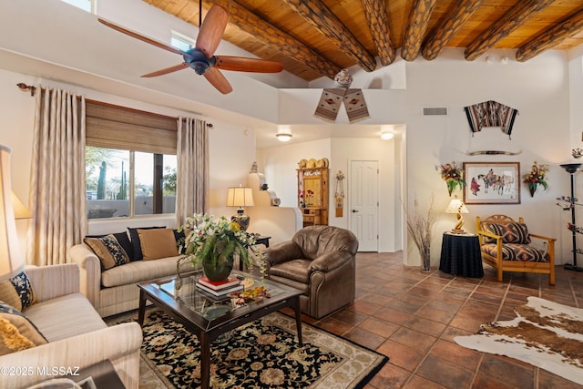 living area with visible vents, beam ceiling, wood ceiling, and ceiling fan