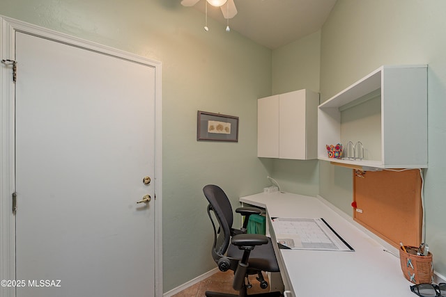 office with a ceiling fan and baseboards